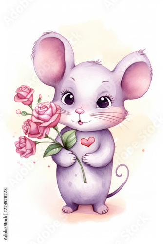 watercolor valentine mouse with hearts and flowers © Irina B