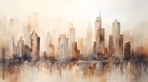 watercolor painting Cityscape with skyscrapers, on gray-brown textured paper. generative ai photo