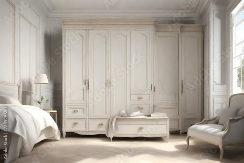 Traditional French Country Master Bedroom Wardrobe, Vray Style, Neoclassical Simplicity, Contrasting Light and Shadow, Helene Knoop, Wood, Creamy White, Classic Modern photo