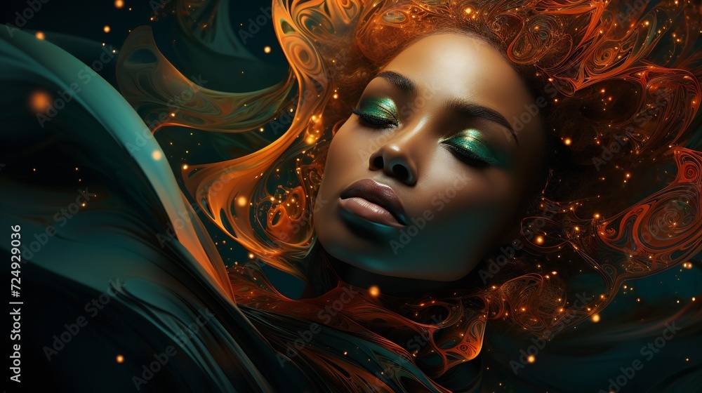 A woman's face surrounded by swirling cosmic energy, representing the interconnectedness of her mental and spiritual well-being
