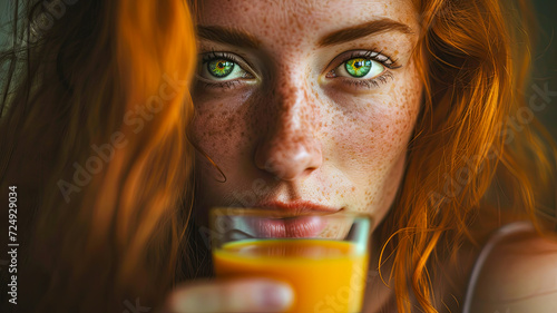 Eine rothaarige Frau trinkt Orangensaft. 
