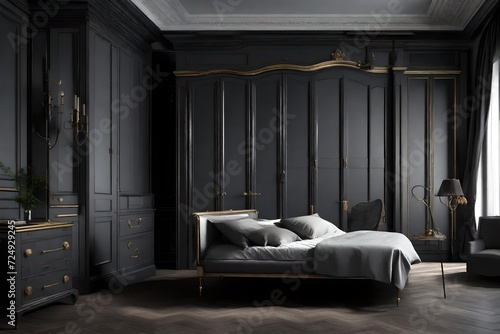Luxurious Victorian Master Bedroom Wardrobe, Vray Style, Neoclassical Simplicity, Contrasting Light and Shadow, Helene Knoop, Wood, Dark Gray, Classic Modern photo