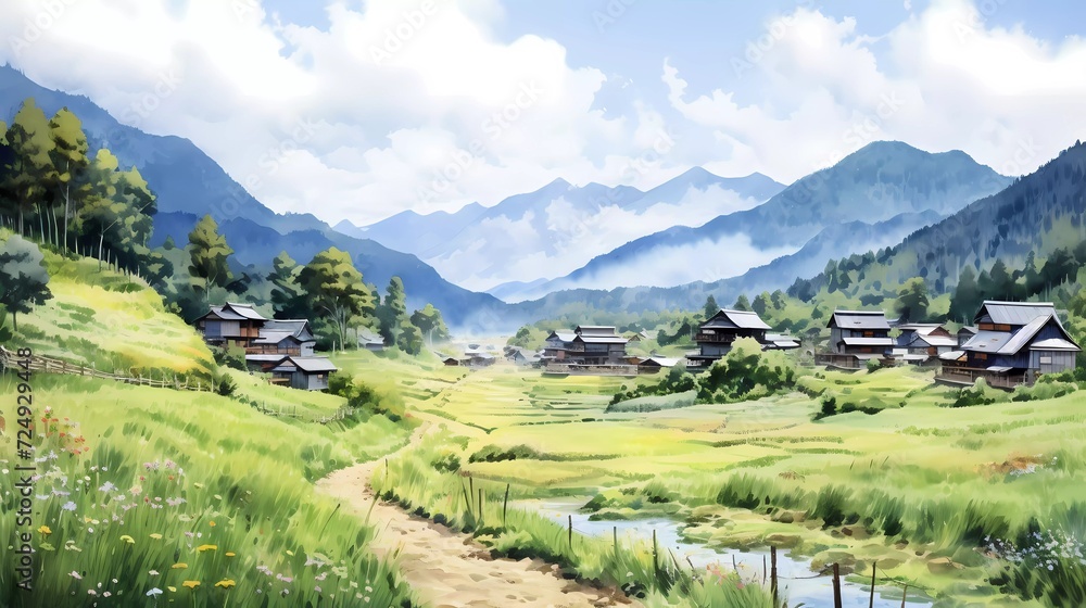 watercolor painting of the Oshino Hakkai Village Area. popular place for tourists. generative ai
