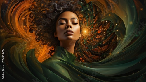 A woman's face surrounded by swirling cosmic energy, representing the interconnectedness of her mental and spiritual well-being