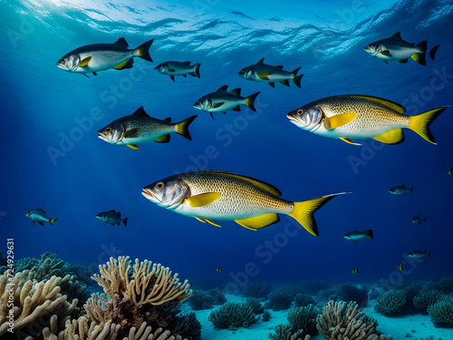 School fish swimming in blue ocean water tropical under water. Fishes in underwater wild animal world. Observation of wildlife Indian ocean. Scuba diving adventure in Maldives coast. Copy text space