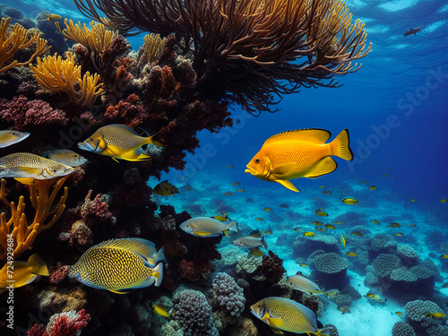 Yellow red fish swimming in blue ocean water tropical under water. Scuba diving adventure in Maldives. Fishes in underwater wild animal world. Observation of wildlife Indian ocean. Copy text space © Alex Vog