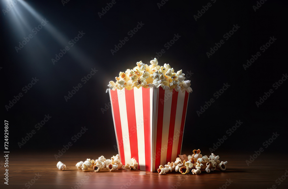Bucket of popcorn in a cinema on a black background. banner with copy spac