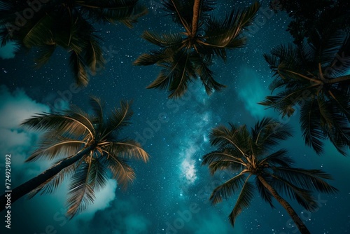 From below wonderful scenery of night sky with stars and palm tops in Punta Cana in Dominican Republic