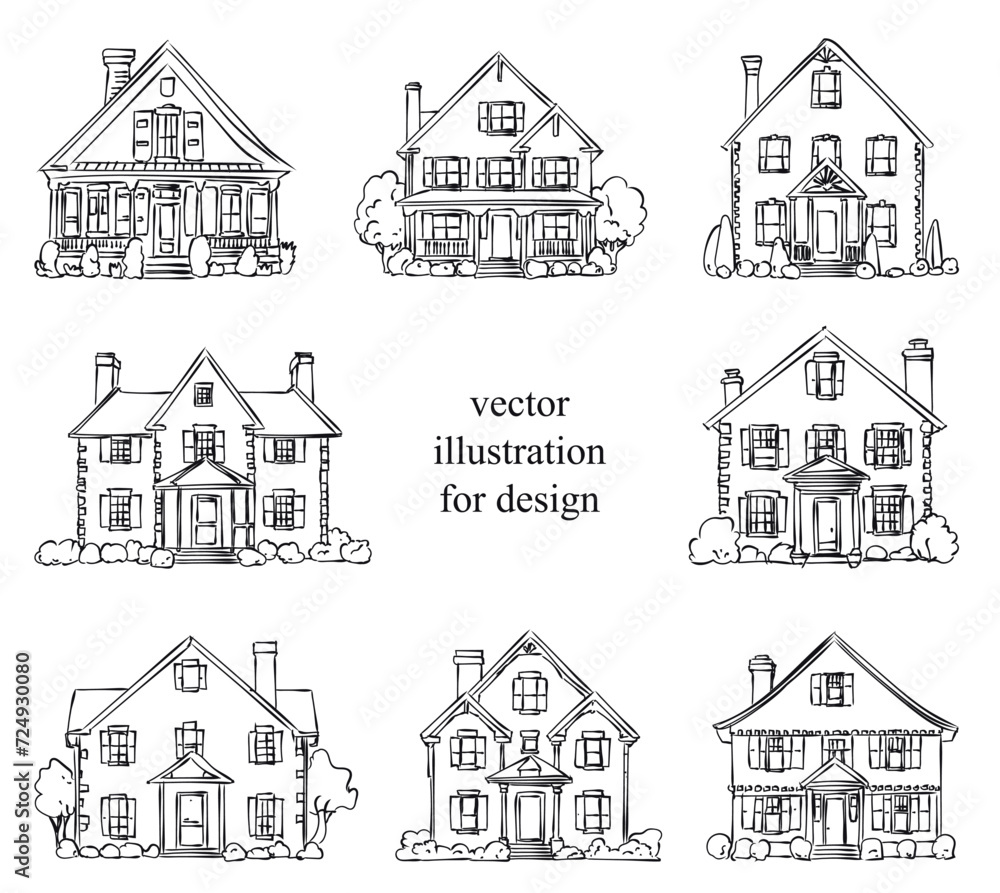 vector sketch set of american brick and wooden  houses