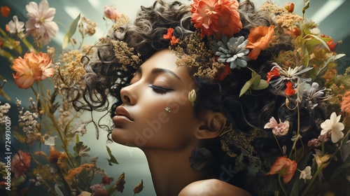 A woman's head cradling a blooming garden, symbolizing the nurturing of positive thoughts in mental health