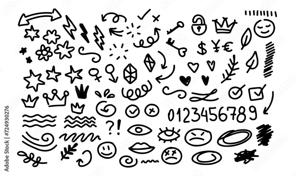 Set of doodle sign. Number, arrow, stars, sparkles line element. Hand drawn pen stroke collection on white background Set of doodle sign. Number, arrow, stars, sparkles line element. Hand drawn pen stroke collection on white background