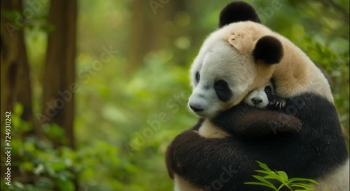 mother panda hugging her cub in the forest footage photo