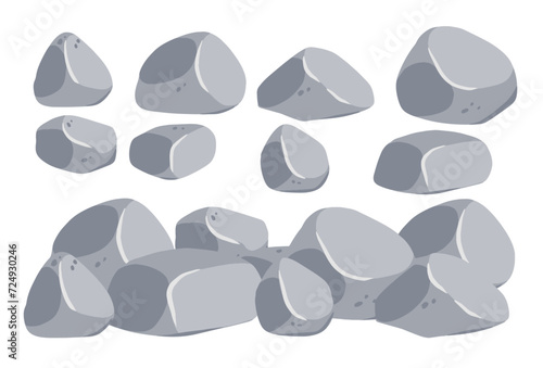 Set of stones. Gray cobblestone. Element of nature and mountains. Items for decoration and background. Flat cartoon. Boulder cobble debris. Block granite material.