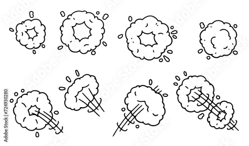 Comic bubble cloud. Track and trace. An abstract element of movement. Cartoon black and white illustration. Set of Funny smoke and steam.