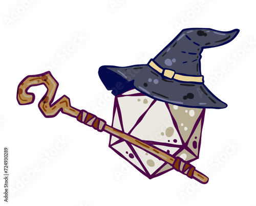Dice for playing DnD. Tabletop role-playing game Dungeon and dragons with d20. Magical role of sorcerer with witch hat and druid staff.