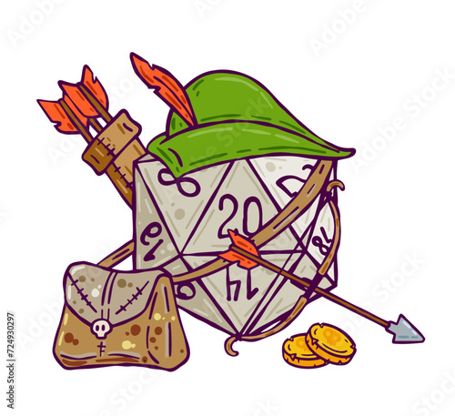 Dice d20 for playing Dnd. Dungeon and dragons board game. Cartoon outline drawn illustration