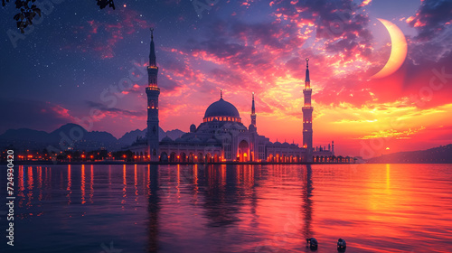 Crescent moon sunset with Suleymaniye Mosque (Ottoman imperial mosque). View from Üsküdar in Istanbul. Turkish Century 2023 photo