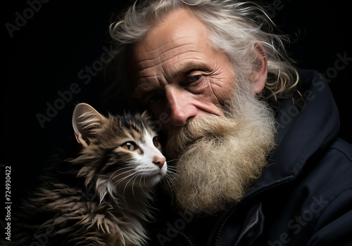 Portrait of a moment of affection between an elderly man and his cat. Care and attention. Domestic and farm animals.