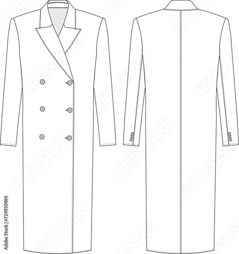buttoned double breast long sleeve long coat jacket template technical drawing flat sketch cad mockup fashion woman design style model