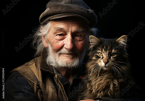 Portrait of a moment of affection between an elderly man and his cat. Care and attention. Domestic and farm animals.