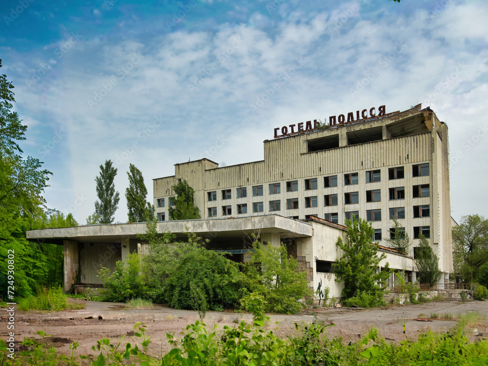 Overview of abandoned buildings in the spooky city of Pripyat (Ukraine) famous for the Chernobyl disaster, in its exclusion zone, still radioactive and dangerous