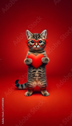 A charming Asian Tabby cat with heart-shaped glasses on a vivid red background for Valentine's Day.