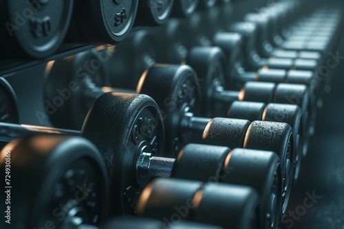 Rows of dumbbells with heavy plates. Sports equipment. 3d render