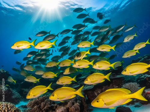 Shoal of colorful yellowtail snappers fish school swim in tropical underwaters. Bluestripe Snapper in underwater world. Observation of wildlife. Scuba diving adventure photo