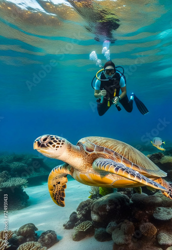 Green sea Turtle (Testudines) mammal swimming in tropical underwaters. Turtles in underwater wild animal world. Observation of wildlife ocean. Scuba diving adventure in Ecuador coast. Copy text space © Alex Vog