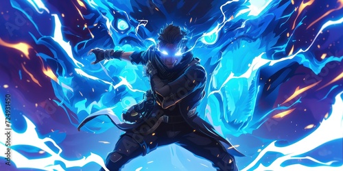 An Anime character charging up an anime special ability, radiating a vibrant blue glow with flames and eyes intensively illuminated in blue. photo