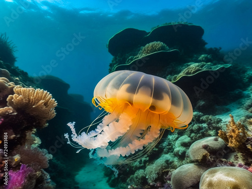 Jellyfish (Cubozoa) swimming in tropical underwaters bottom view. Medusa in underwater wild animal world. Observation of wildlife ocean. Scuba diving in Ecuador coast. Copy text space