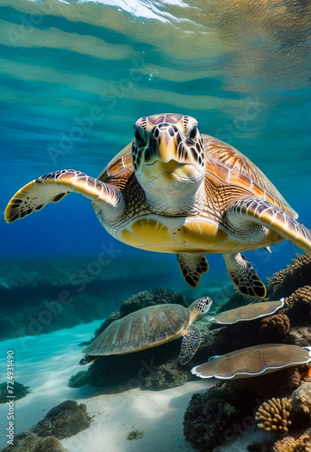 Green sea Turtle  Testudines  mammal swimming in tropical underwaters. Turtles in underwater wild animal world. Observation of wildlife ocean. Scuba diving adventure in Ecuador coast. Copy text space