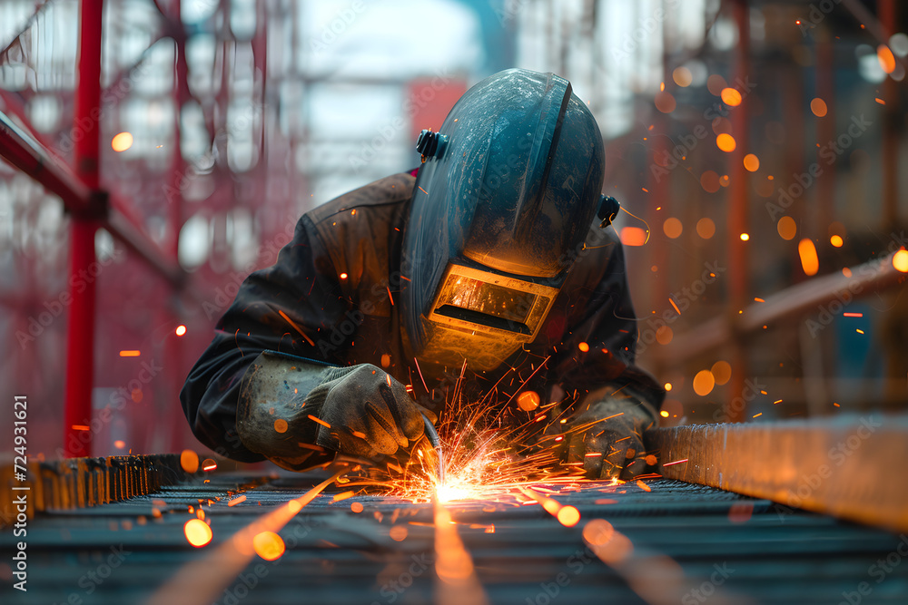 An experienced veteran welder is welding metal pieces on a metal structure at a construction site