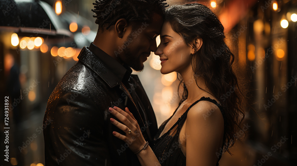 a couple of lovers, a man and a woman in the evening city in the rain, happily hugging. Valentine's Day a couple of lovers, a man and a woman in the evening city in the rain, happily hugging. Valentine's Day