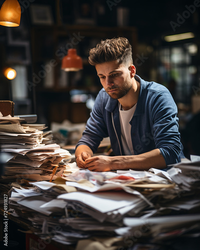 A tired young man sits at a table littered with many documents and papers. Burnout at work photo