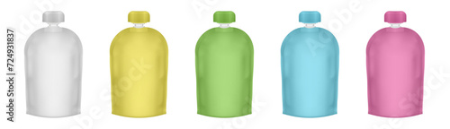 Set of white, yellow, green, blue and pink spouted pouches. Fruit puree in a doy pack. Juice in a plastic bag. Flexible doypack with cap. Baby food pack	