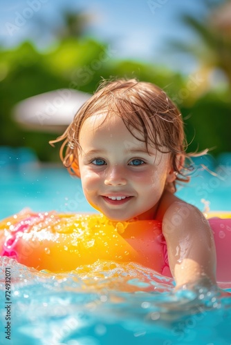 Happy child in swimming poo...