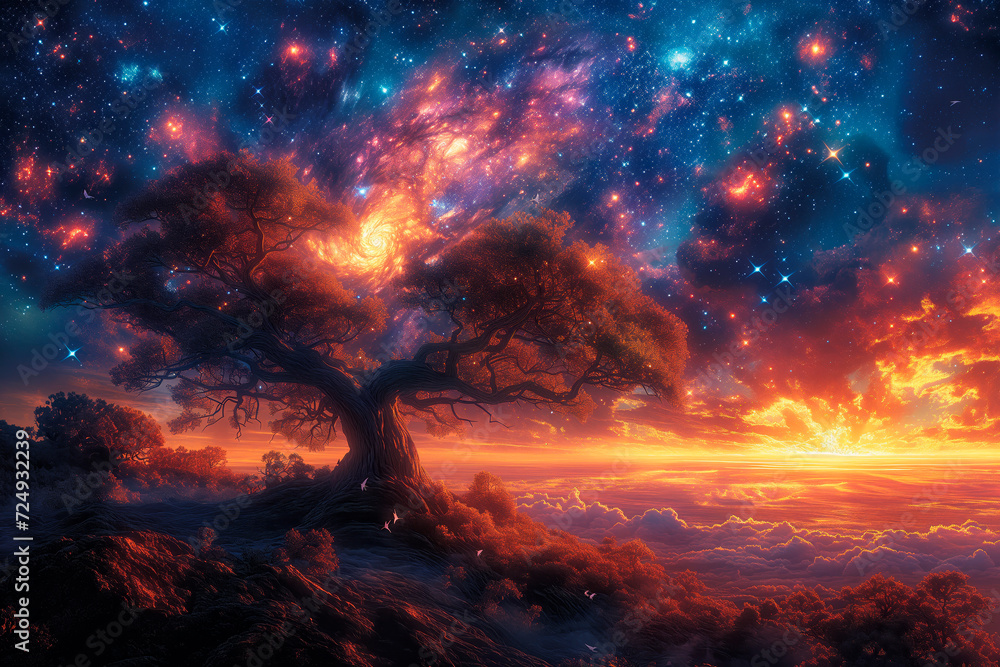 A vibrant view of the universe's birth from Genesis, with light dividing darkness, celestial spheres forming, and the first life blossoming in divine splendor.