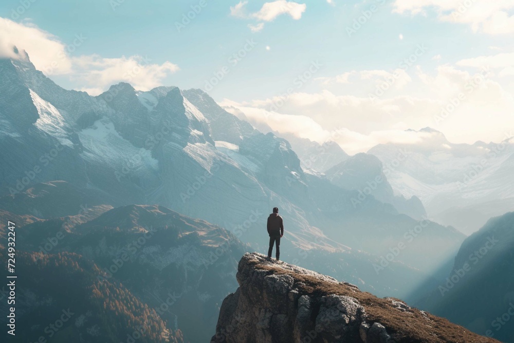 Traveler standing on cliff against mountains