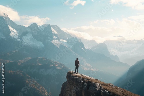Traveler standing on cliff against mountains