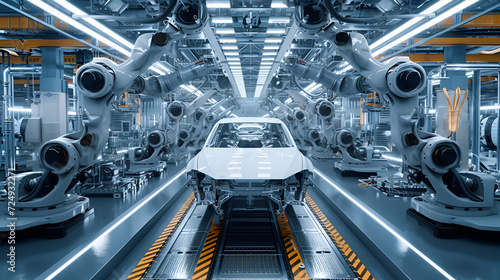 Futuristic electric car assembly line banner with robotic precision. Seamless production, eco-friendly stats. Explore the future of automated manufacturing.  photo