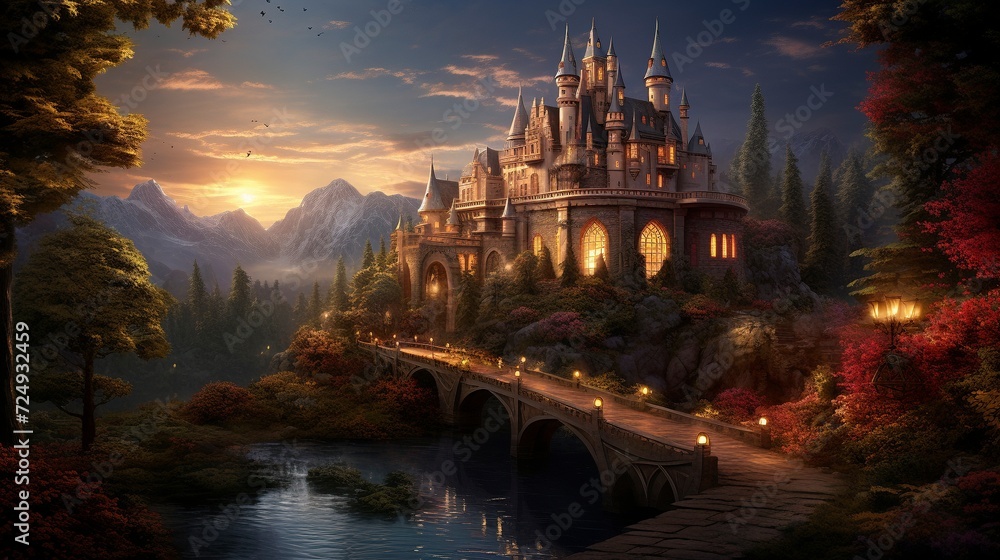 Enchanted Castle: Twilight over the Magical Realm - obrazy, fototapety, plakaty 