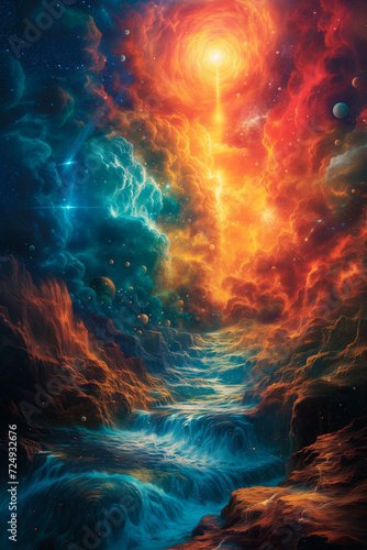 A vibrant view of the universe's birth from Genesis, with light dividing darkness, celestial spheres forming, and the first life blossoming in divine splendor.