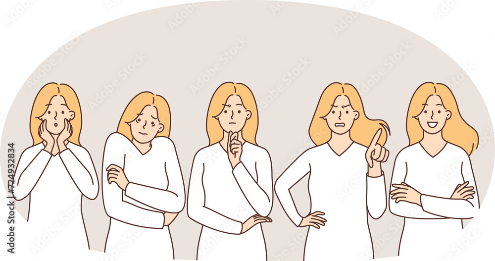 Business woman in different emotions and expressions. Business man in casual office style shows different emotions Business woman in different emotions and expressions. Business man in casual office style shows different emotions