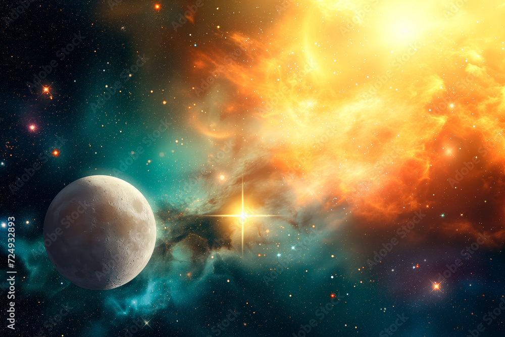 Obraz premium A vibrant view of the universe's birth from Genesis, with light dividing darkness, celestial spheres forming, and the first life blossoming in divine splendor.