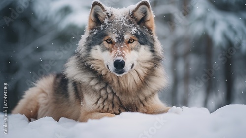 Long-coated gray dog sitting on ground covered with snow © Tahir