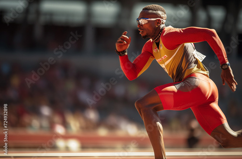 Fast running 100m sprint runner black man active muscular sprinter in protective sunglasses on the olympic stadium track while fast running 100m run competition.Active people, Olympic Games concept. photo
