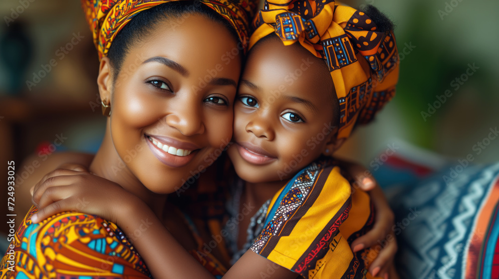 Happy African mother and daughter wearing in national dress cuddling on living room sofa