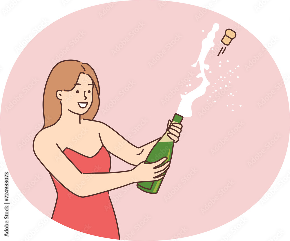 Celebration concept. Young girl opening a bottle of champagne and having fun. Opened champagne sprayed Celebration concept. Young girl opening a bottle of champagne and having fun. Opened champagne sprayed