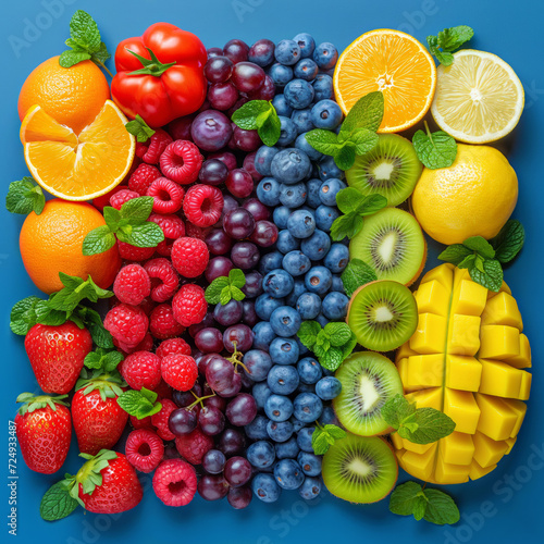 Colorful assortment of fruits on blue background  top view